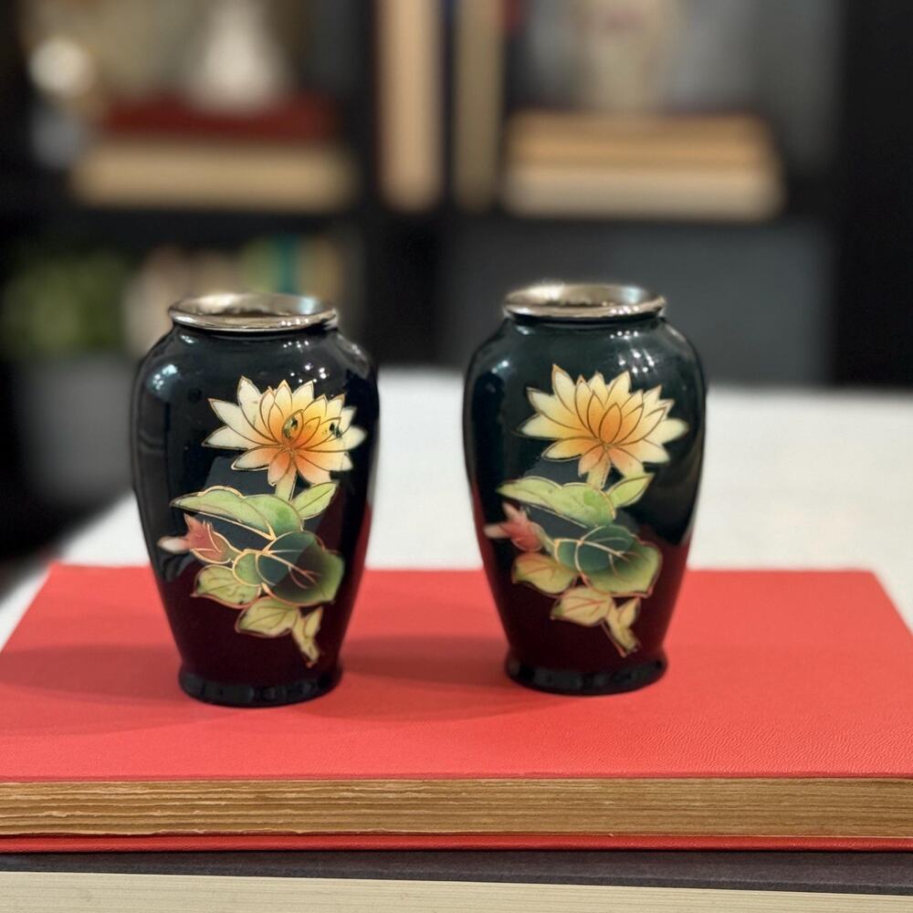 Vintage Japanese Cloisonné Bud Vases – Lotus Flower Pair, Mini Enamel Vases